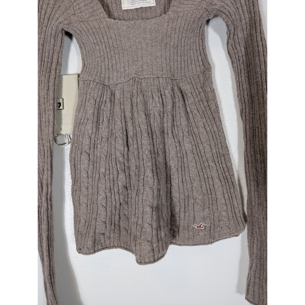 Hollister Women Y2K Small Taupe Brown Square Neck Ribbed Cable Knit Sweater Top - Picture 2 of 8
